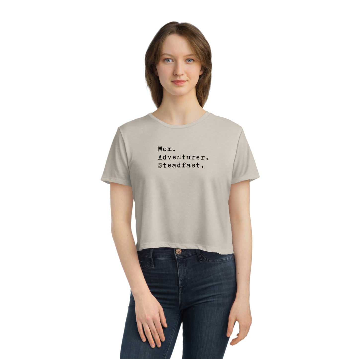 Mom.Adventurer.Steadfast. Women's Flowy Cropped Tee